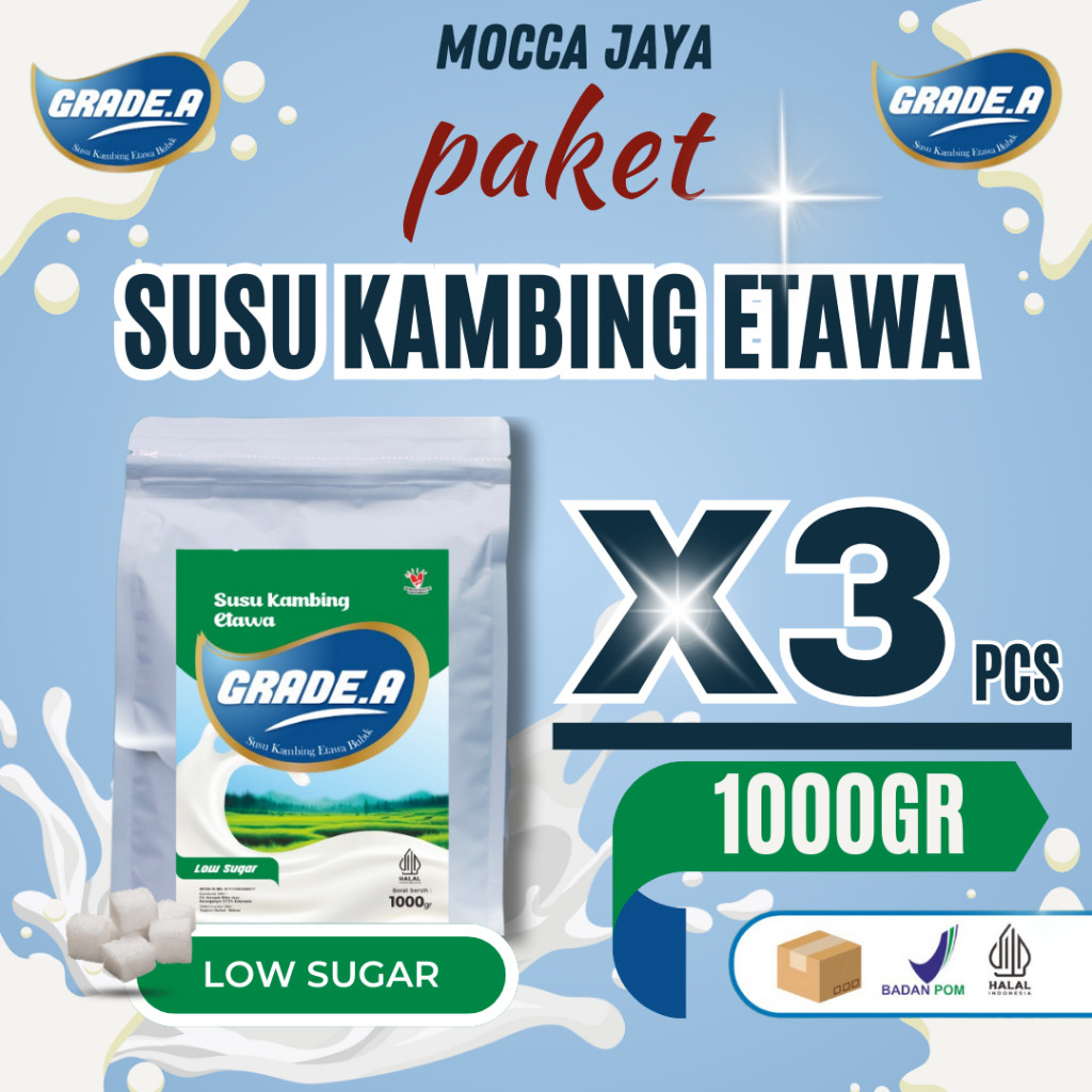 

PAKET 3 PCS GRADE.A SUSU KAMBING ETAWA BUBUK LOW\NON SUGAR 1KG\1000GR