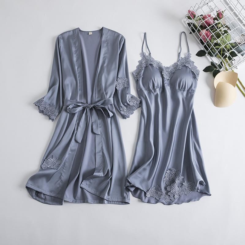 VICTORIA - Kimono One Set Dress+Outer  Lingerie Ice Silk Kimono Panjang Baju Tidur Wanita Premium Se