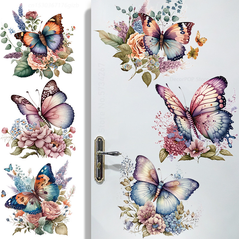 

Beautiful Butterfly Flower Plant Wall Stickers Toilet Bathroom Door Decoration Mural Home Decor Self-adhesive Beautify Wallpaper