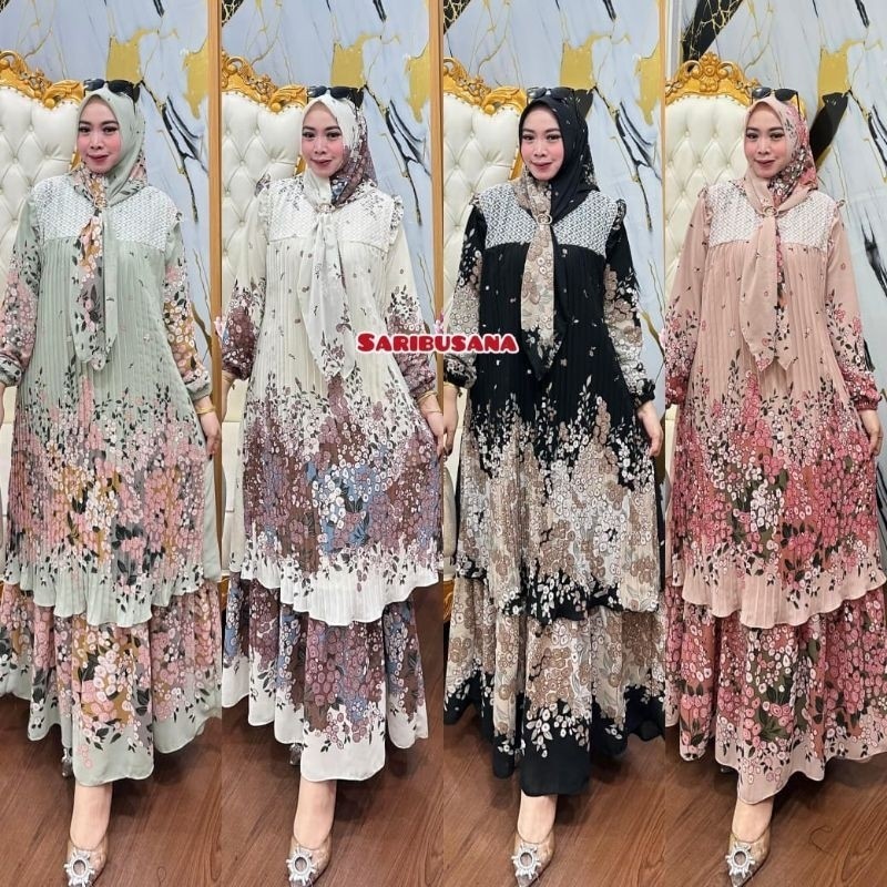 DEVIY BERKAH STORE Farra Dress Gamis Wanita Ceruty Plisket Babydoll Premium Mix Renda Plus Hijab