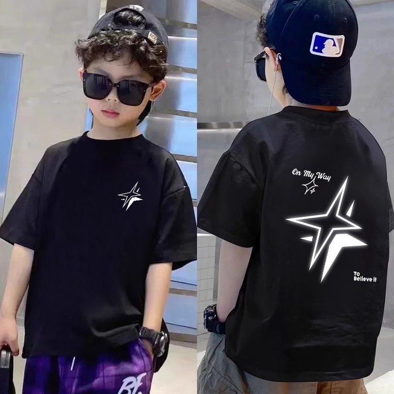 Baju Usia 2-12th Cowok Kaos Anak Laki Laki Import/ T-shirt anak-anak Cetak bintang putih vintage/100