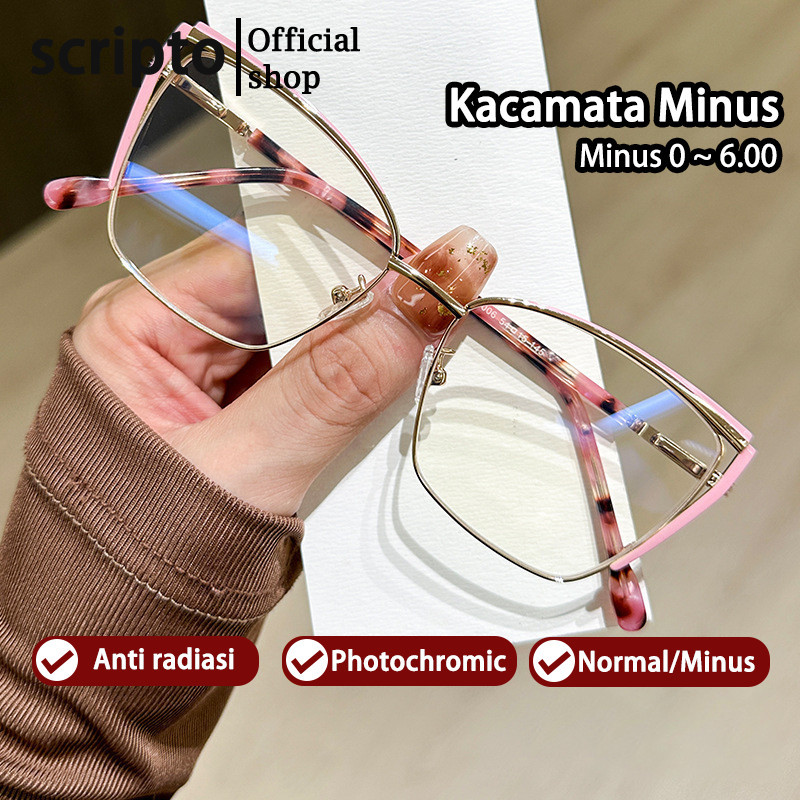 Scripto  Kacamata Photocromic Minus Wanita Cat Eye Silinder Bluecromic Anti Blueray Kaca Mata Optik