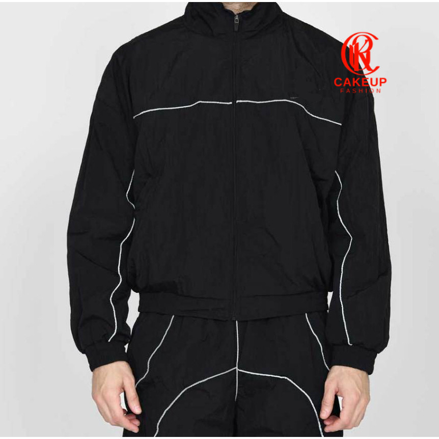 Velzo Jaket Olahraga d Track Pria dan Wanita Bahan Parasut Warna Hitam nyala di tempat gelap