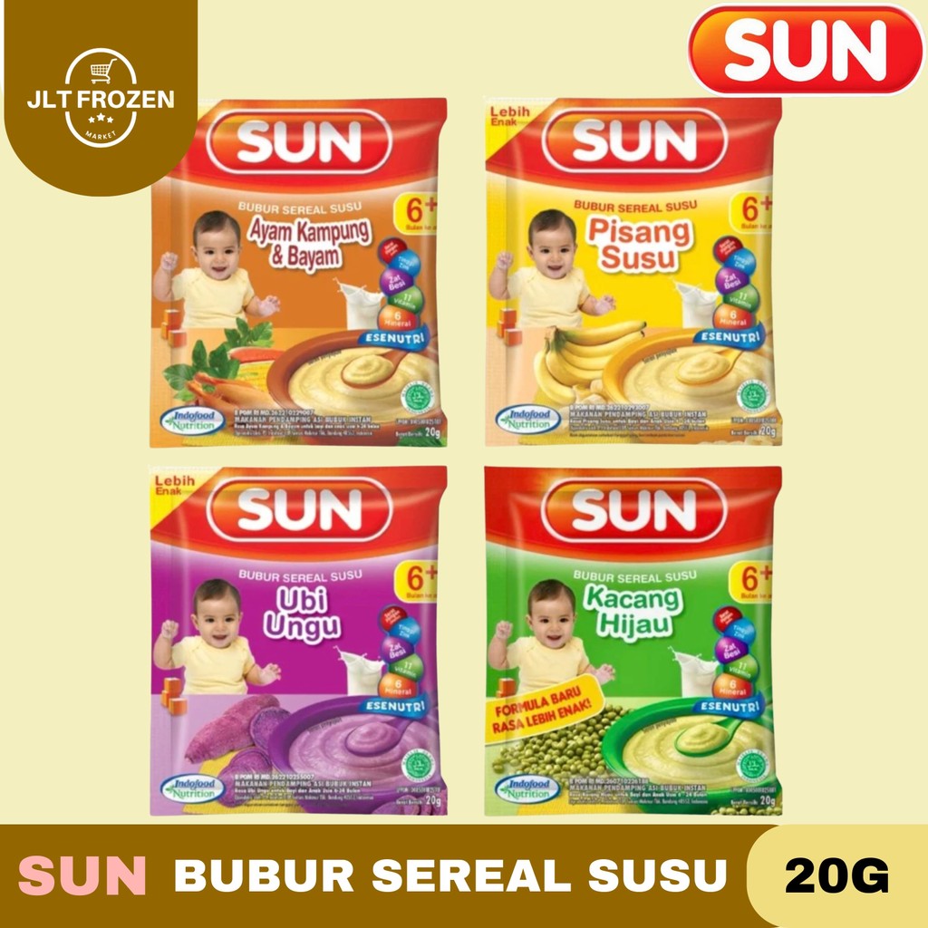 

Sun Bubur Sereal Susu 20g - 1 PCS / Rasa Kacang Hijau / Pisang Susu / Ubi Ungu / Ayam Kampung / Bubur Bayi 6+ Bulan