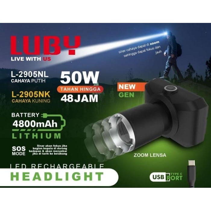 Senter Kepala ZOOM LUBY / HEADLAMP ZOOM LUBY L2905/2905/L-2905 - cahaya putih