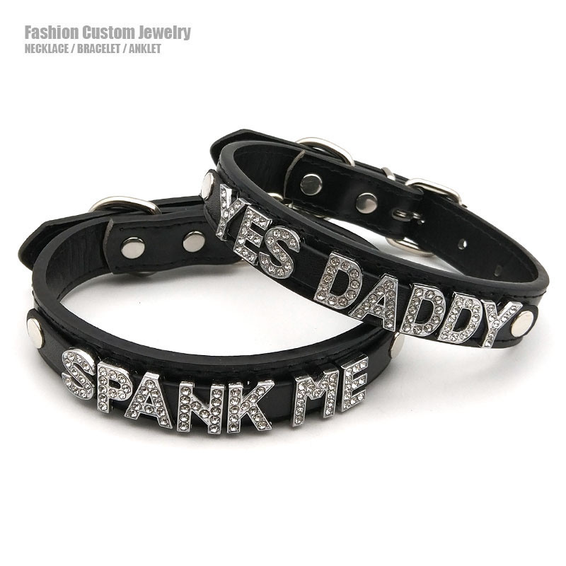 Sexy Rhinestone Letters Yes Daddy Spank Me Choker Collar Necklaces Men Women Punk Role Age Play Leat