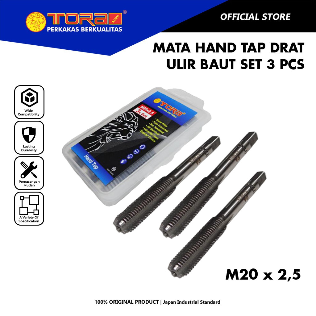 TORA Mata Tap Ulir Baut Set 3 Pcs M20 x 2,5 - Hand Tap Drat Baut Rusak Dol Set - Pelubang Baja Besi