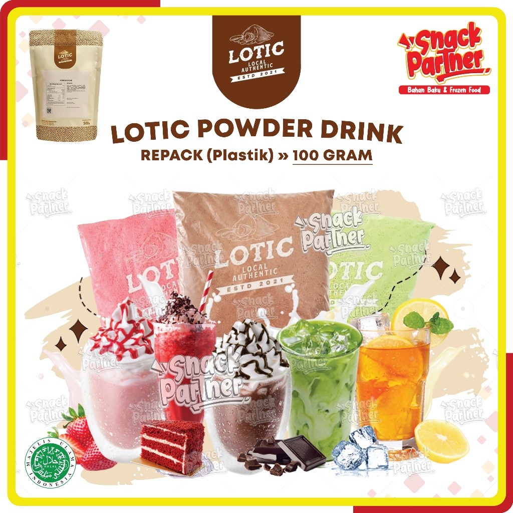 

LOTIC Powder Drink REPACK 100 GR - Bubuk Minuman Premium - Cappucino Moccacino Dark Chocolate Choco Coklat Tiramisu Red Velvet Taro Vanilla Bubble Gum Avocado Mango Mangga Thai Lemon Tea Lychee Leci Green Tea Matcha Latte Stroberi ECOLATTE