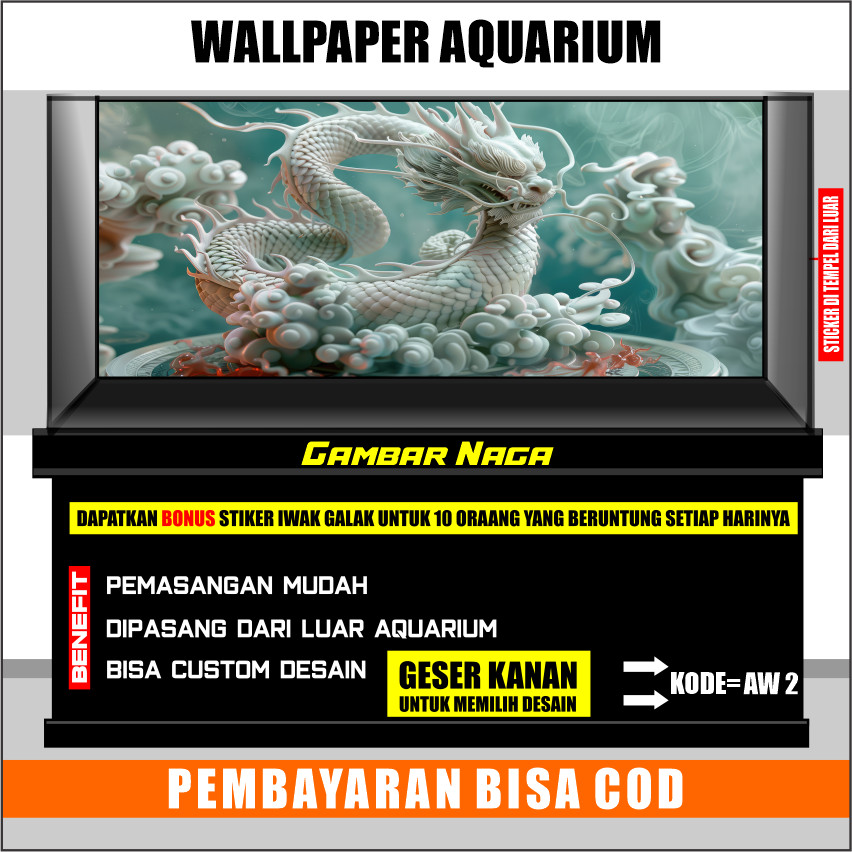 sticker aquarium background , wallpaper aquarium motif dragon naga AW-2