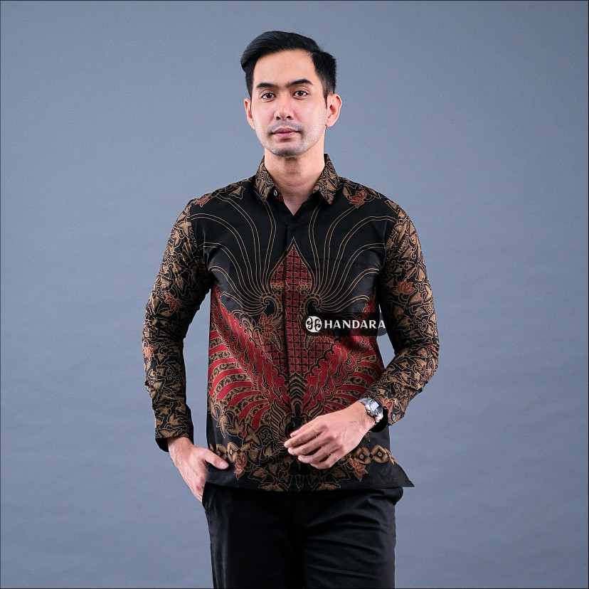 Handara Batik Premium Pria Lengan Panjang Slim Fit Furing - Benang Sari Merah Maroon