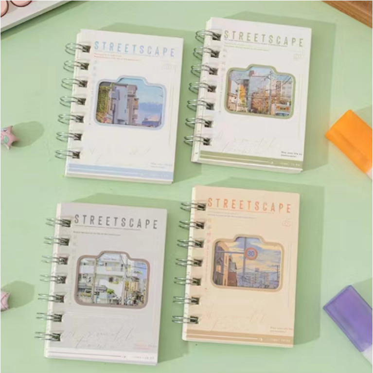 

NOTE BOOK RING MOTIF MEMO KECIL A7 SPIRAL Double Cover Chikawa Unicorn Street scape - BC0611