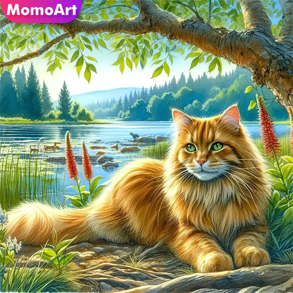 

Momoart Diamond Embroidery Cat Animal Diamond Mosaic River DIY Acrylic Craft Supplies Painting Decor For Home