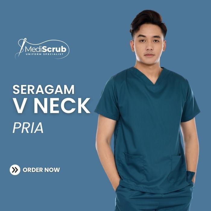 MEDISCRUB Scrub V Neck Pria Lengan Pendek Baju Jaga Dokter Perawat Atasan Celana Panjang - Baju Saja