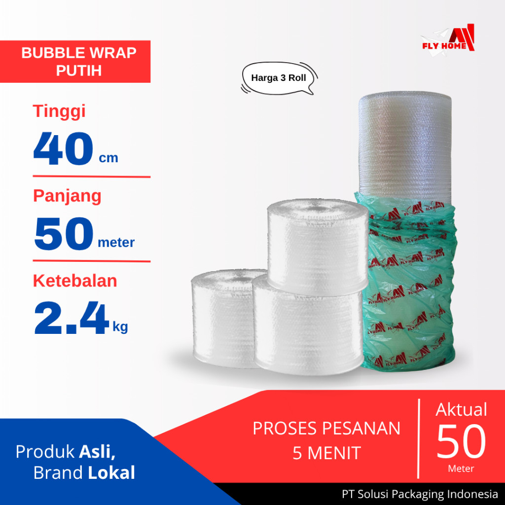 

FLYHOME Bubble wrap putih 40cm potongan 2,4kg 3 roll besar 40x50meter