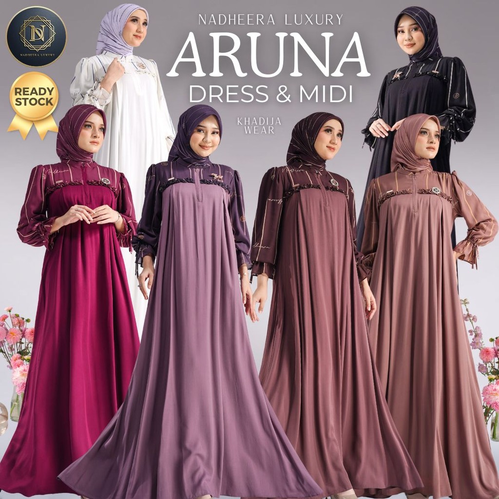 [BISA COD] ARUNA DRESS MIDI Nadheera Luxury TERBARU RAYON BABYDOLL ARUNNA ARRUNA SP KHADIJAH POLOS