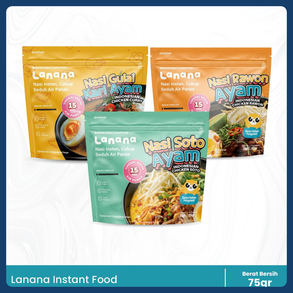 

Lanana - Nasi Putih Instant: Soto Ayam, Kari Ayam, & Rawon Ayam Travel Pack