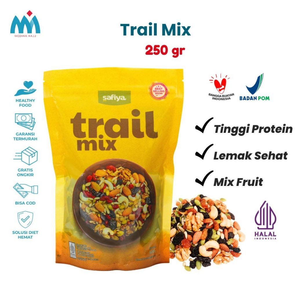 

Trail Mix Complete 250 gr Safiya - Camilan Sehat 3 in 1 Kacang Buah Energi Roasted Mix Dried Fruit
