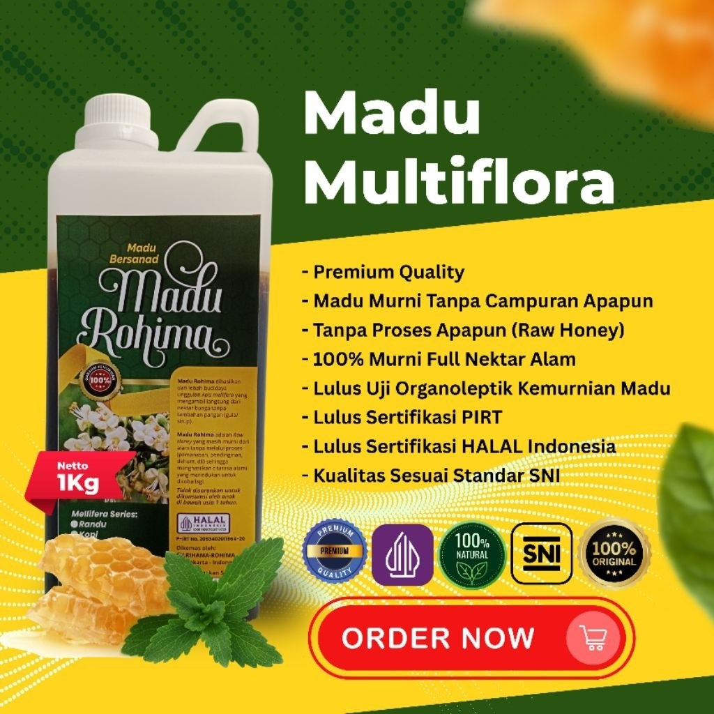 

Madu Rohima_Madu Multiflora Sumatra Super Murni asli100% Original_ Grade A_ Standar SNI_Premium_1 kg_Raw Honey_Pure Honey_Madu fresh Hutan Alam Indonesia_Madu berkualitas_Madu kesehatan_Madu bersanad