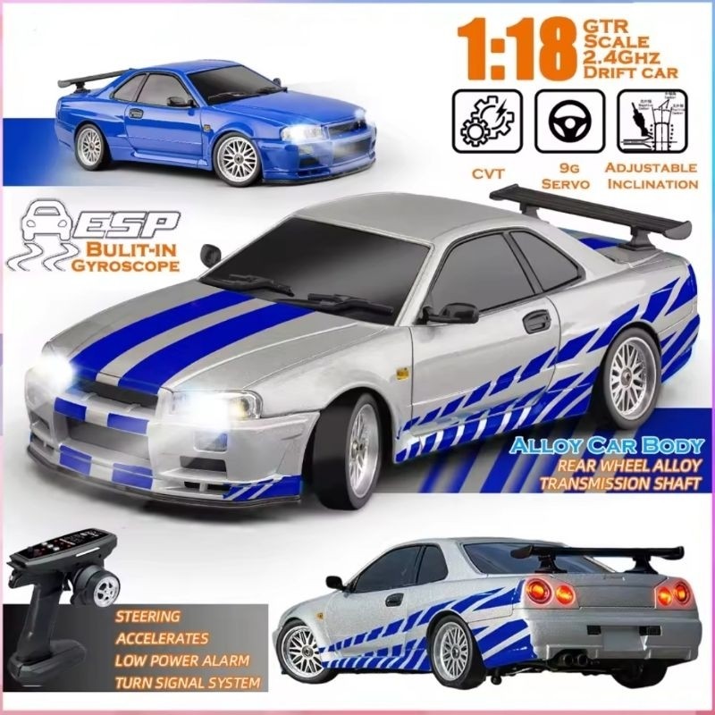 Mobil RC Drift LDRC 1:18 LD1899 Drift RWD Nissan SKYLINEGTR R34 ,Body Diecast,Full propo,GYRO, Reali