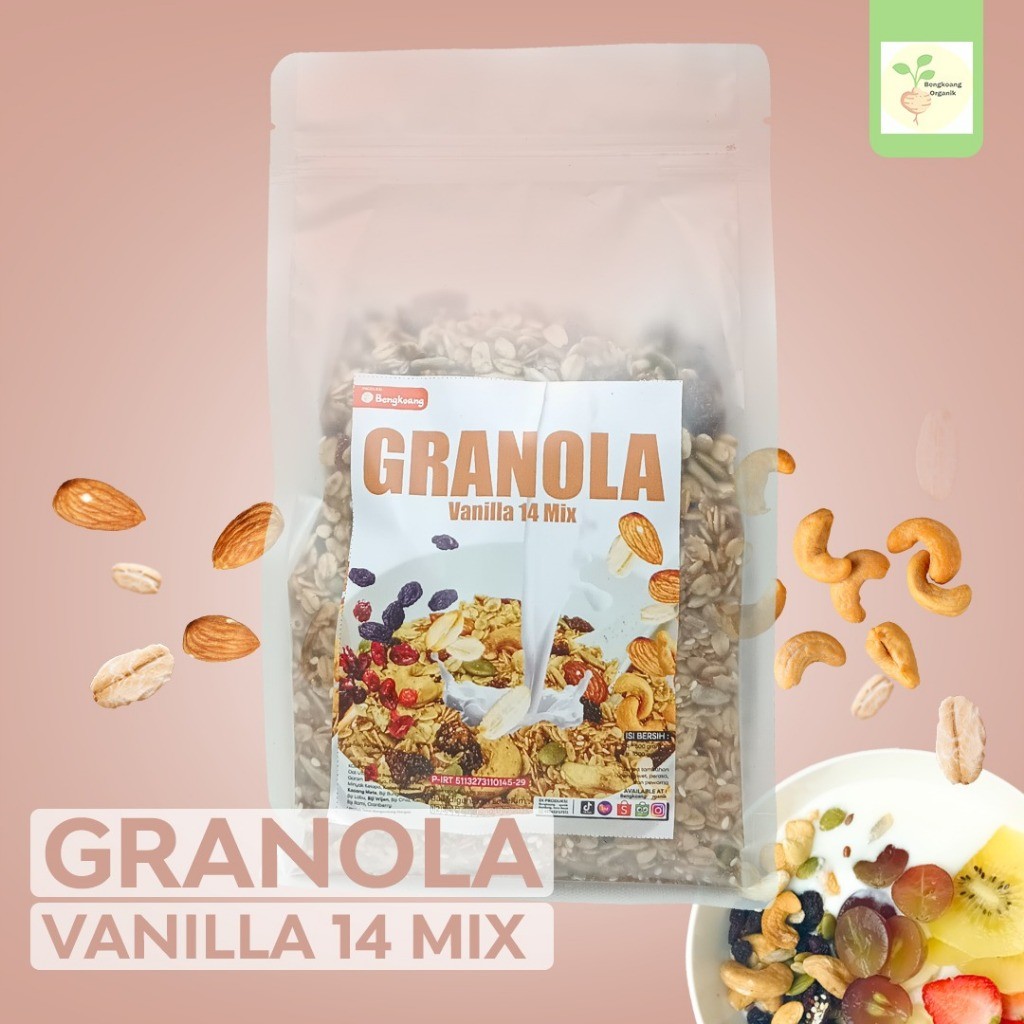 

SUPER GRANOLA 1KG - 14 MIX : VANILLA Rolled Oat, Almond, Cranberry, Pumpkin seed, Cashew , Raisin, Flaxseed