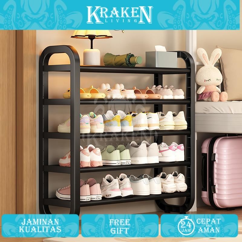 Rak Sepatu Besi Kuat Tebal  Stainless Serbaguna Rak Minimalis 4/5 Susun Hitam Bertingkat Rak Susun S