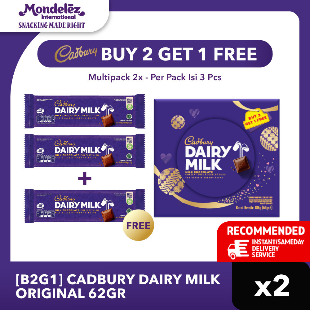 

[Buy 2 Get 1] Cadbury Dairy Milk Original 62gr - Cokelat Susu Camilan Creamy, Lezat, dan Berkualitas x2