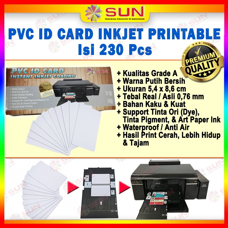 

Inkjet PVC ID Card Grade A 0,76 White uk 8.6 x 5.4 cm isi 230 ( Kertas PVC ID Card Inkjet Printable untuk Tray Id Card L8050 L805, T60, L850, R230 )( Support epson ori 673 /dye/pigment/art paper ink ) NEW