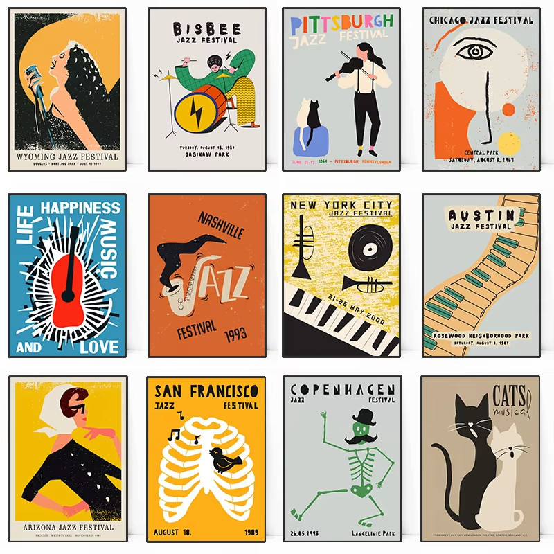 

Abstract Jazz Festival Red Black Cat Canvas Painting Woman Wall Art Nordic Music Posters Prints Pictures Home Room Decor Cuadros