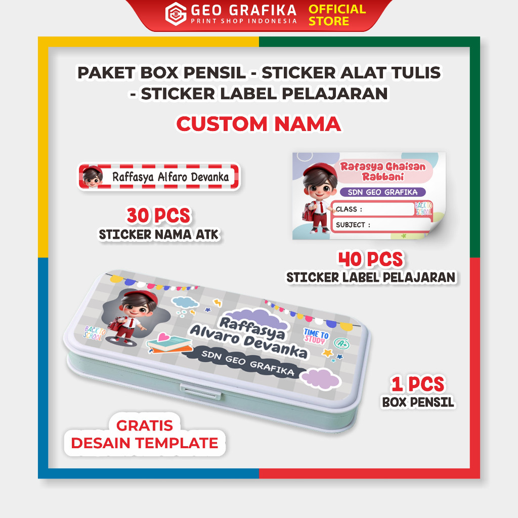 

Bundling Box Pensil - Stiker Nama Waterproof - Stiker Label Buku Custom Nama - Geo Grafika Print Shop