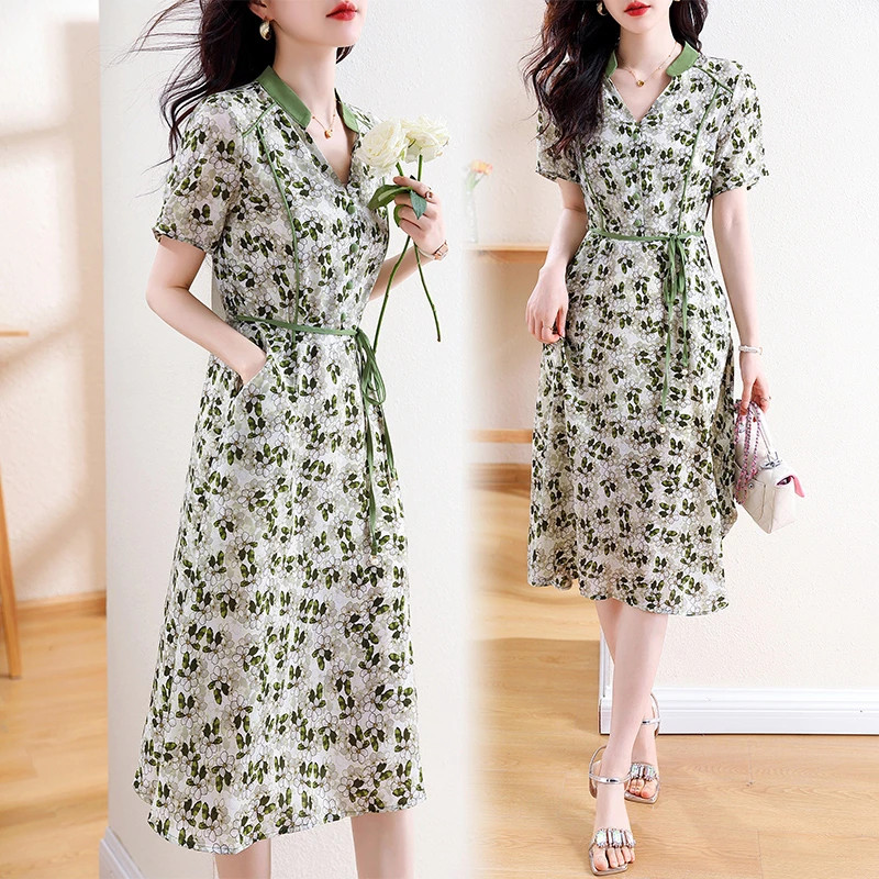 NANA Midi dress Korea Wanita Floral Dress Hijau elegante