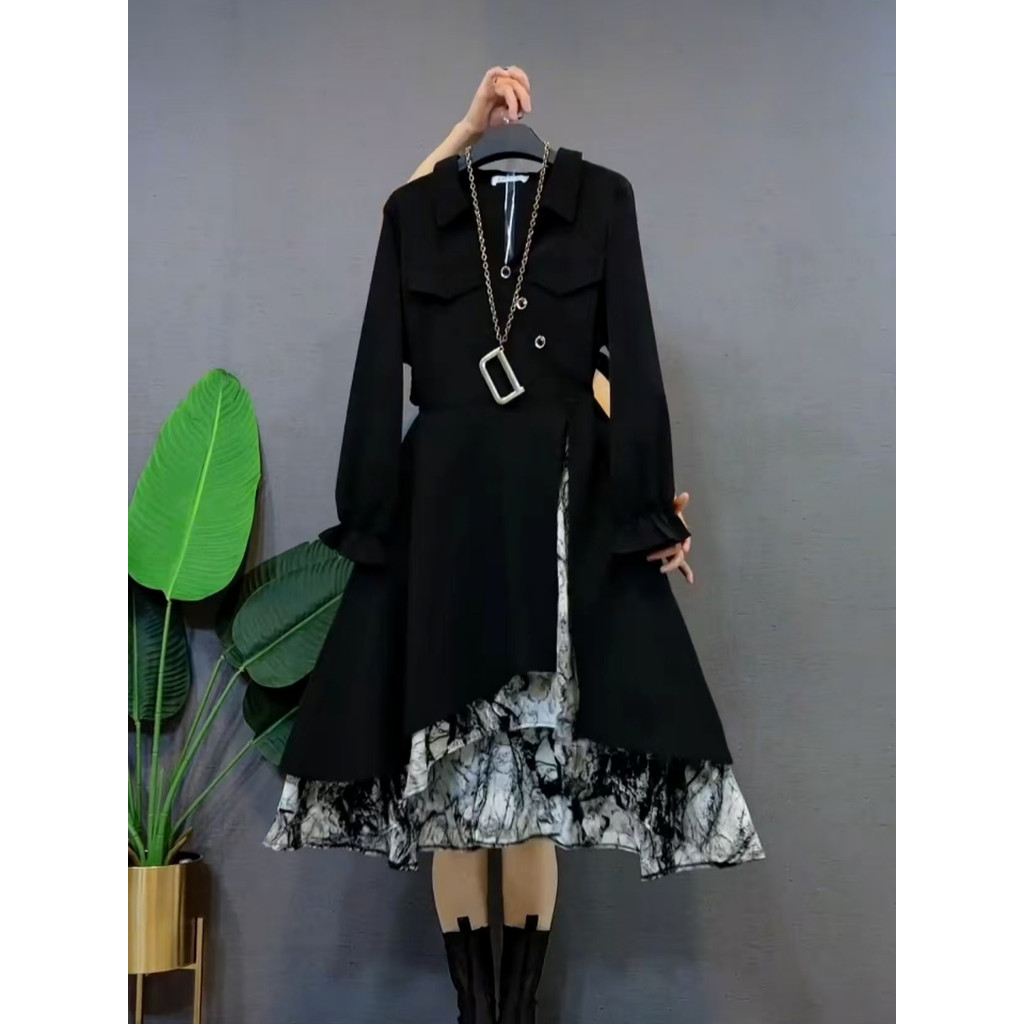 Dress Kemeja Wanita/Hitam Dress Korean Style Wanita Lengan Panjang