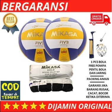 PAKET 2 BOLA VOLLY MIKASA 2200 SUPER GOLD DAN NET VOLI MIKASA GOLD - BOLA VOLI & NET SIAP MAINCO