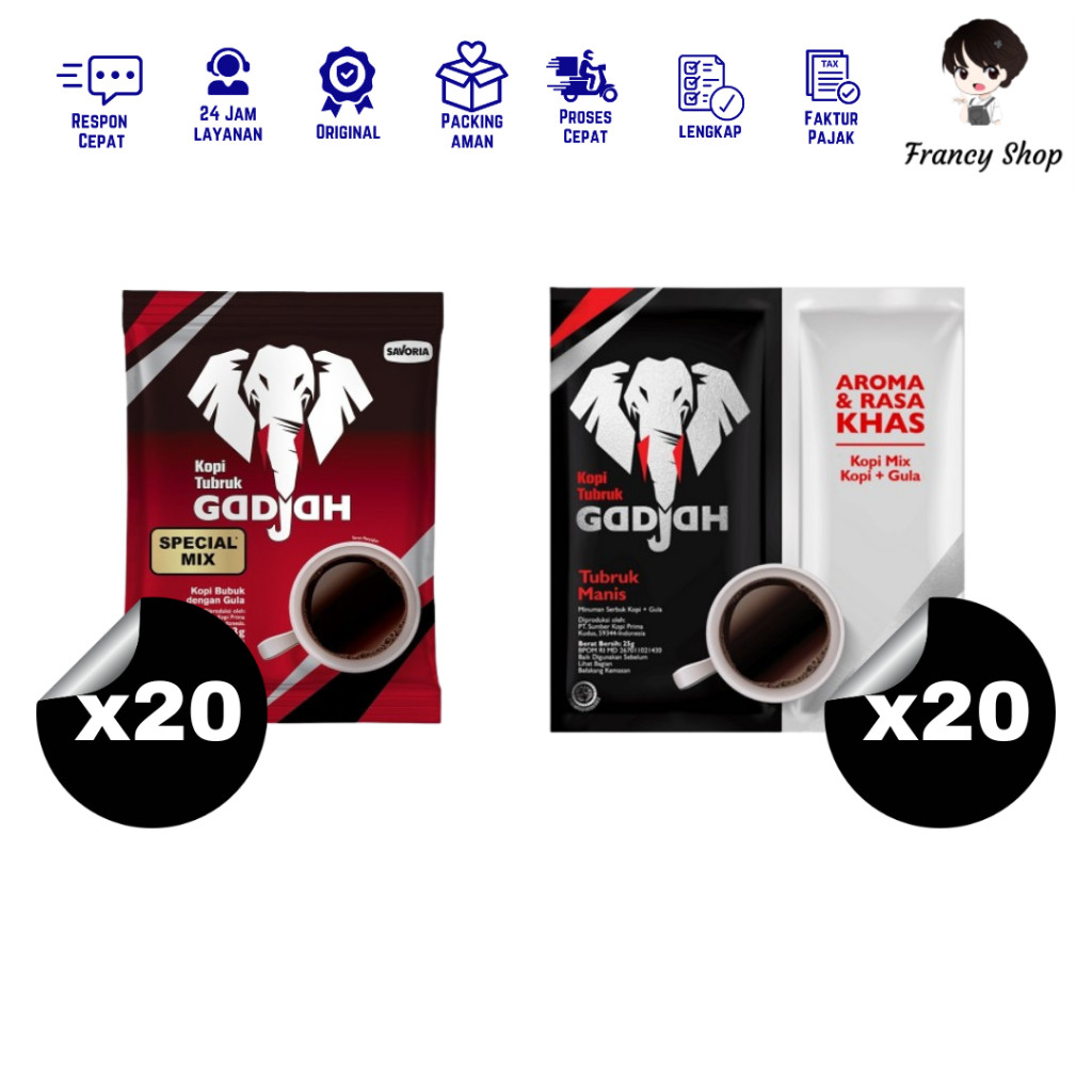 

Paket Murah Kopi Tubruk Gajah Special Mix Sachet Renceng / Manis 23 Gr X20 Pcs