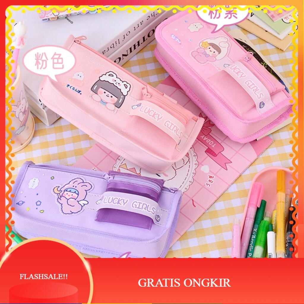 

【AGNES_ID】SALE!! TXS17 Korean Pen Pencil Case Simple Lucky Girls Kotak Tempat Pensil Box KTM