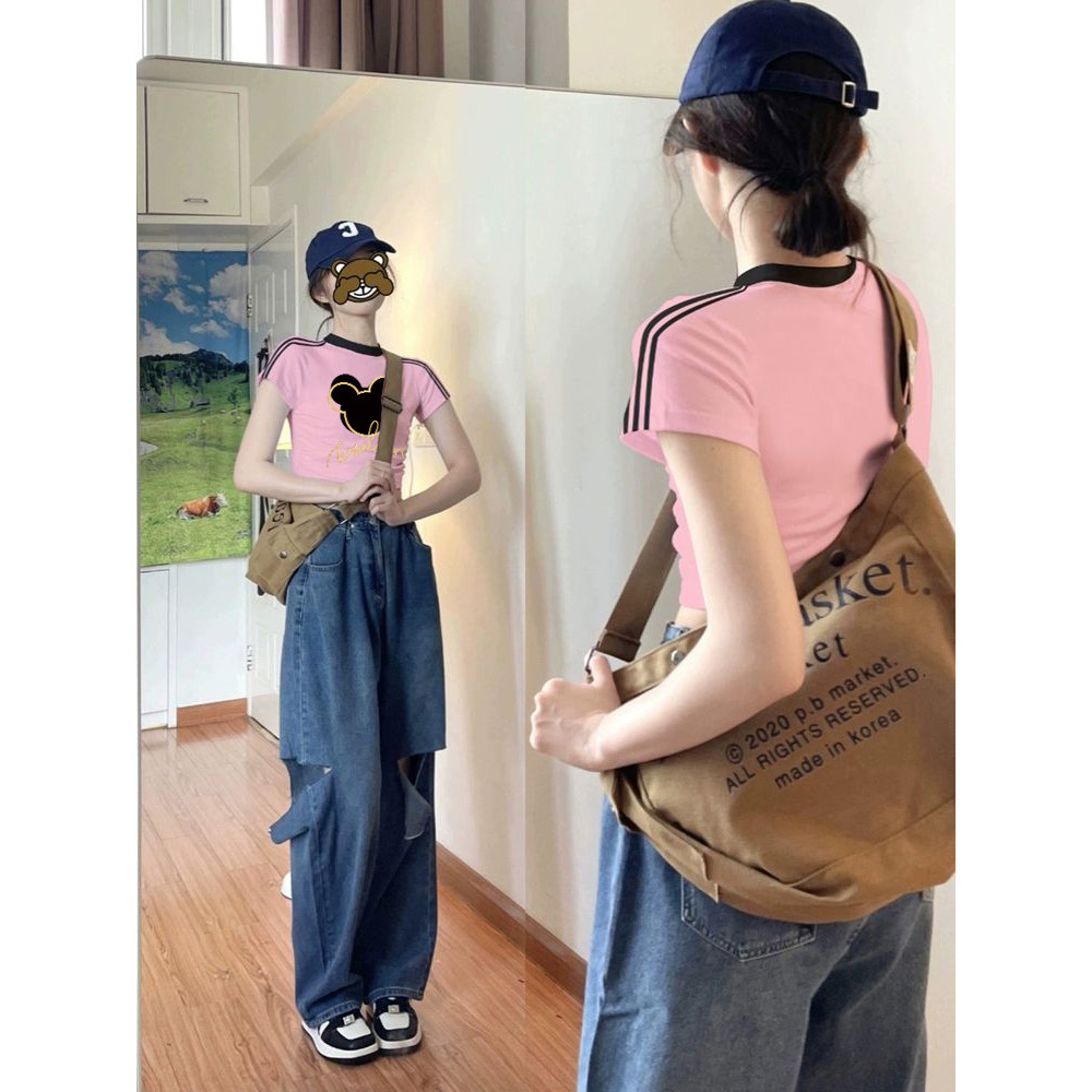 Qlioo. Kaos Lengan Pendek Slimfit Tiga Garis 100% Cetakan kartun Mickey Mouse T-shirt Kaos Wanita Cr