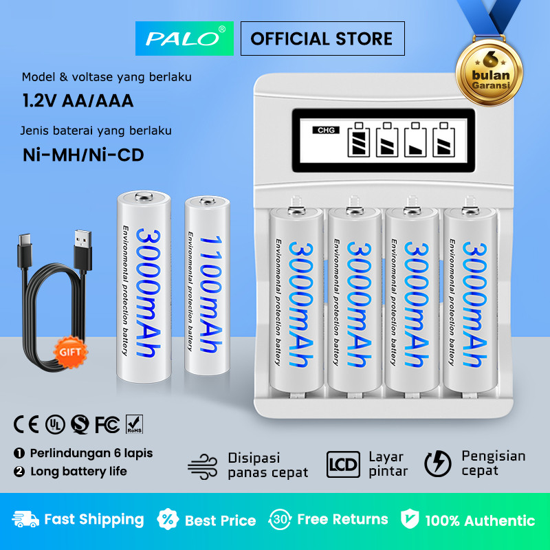 PALO Charger Batre 4 slot Pengisi Baterai AA / AAA pengisian cepatPaket Charger Baterai Layar pintar