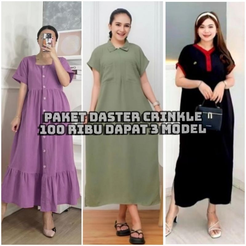 paket usaha daster crinkle 3 model Isi 3 pcs daster viral terbaru