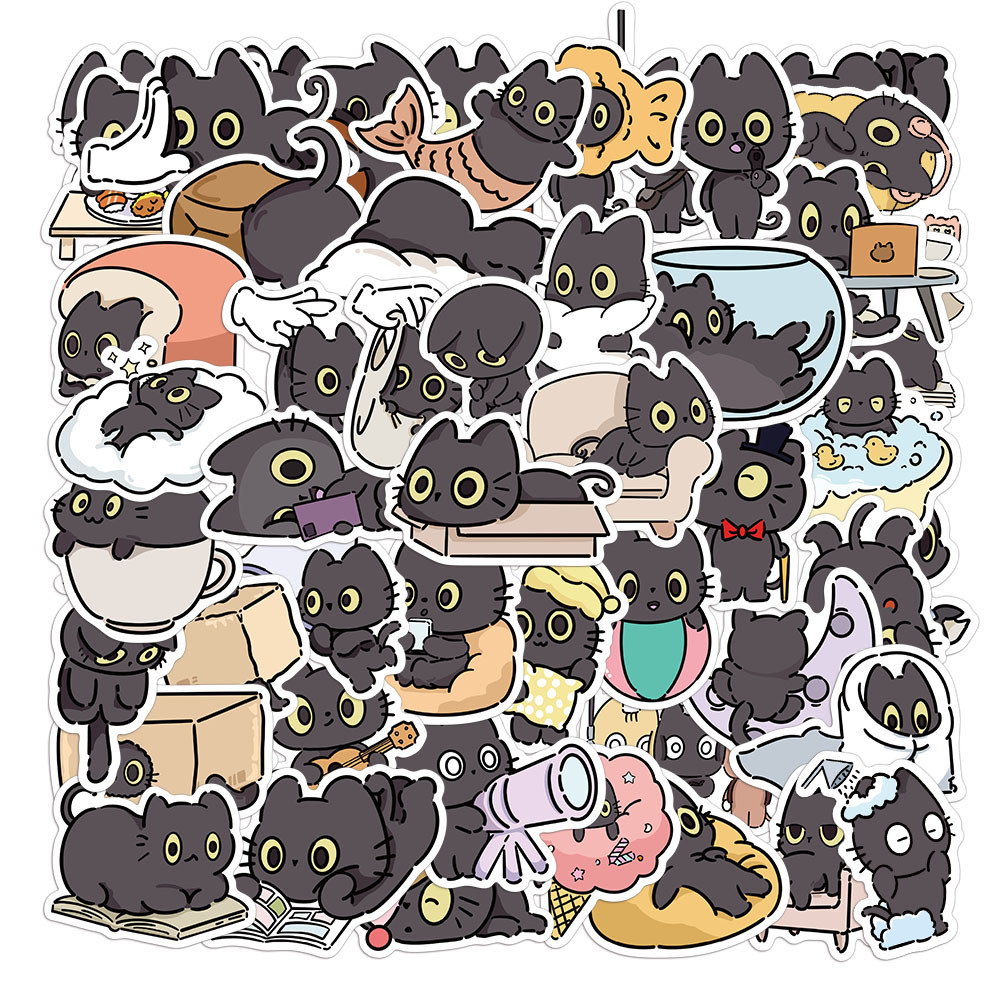 

50PCS Small Black Cat Animal Handbook Stickers Laptop, iPad, Guitar, Skateboard, Water Cup Decoration Stickers