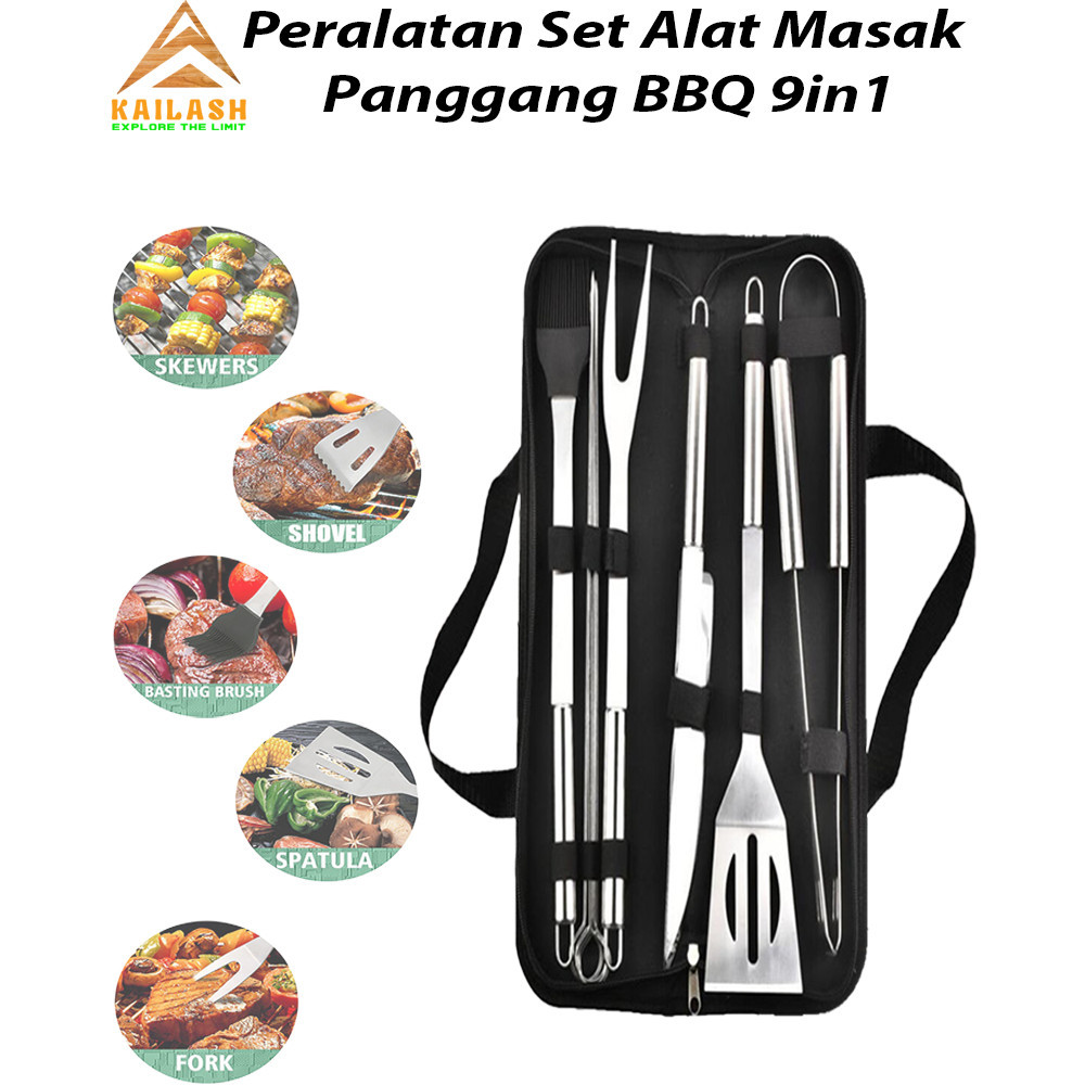 Peralatan Set Alat Masak Panggang BBQ Barbecue Grilling Tools 9in1