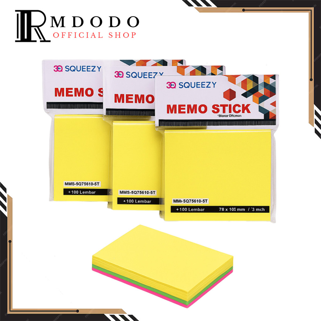 

Rmdodo - Sticky Note Warna Persegi 100 Lembar / Memo Stick Squeezy 5 Warna MMS-SQ76101-5T