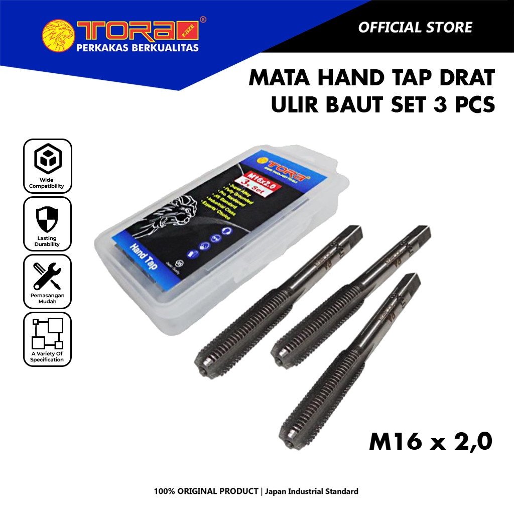 TORA Mata Tap Ulir Baut Set 3 Pcs M16 x 2,0 - Hand Tap Drat Baut Rusak Dol Set - Pelubang Baja Besi