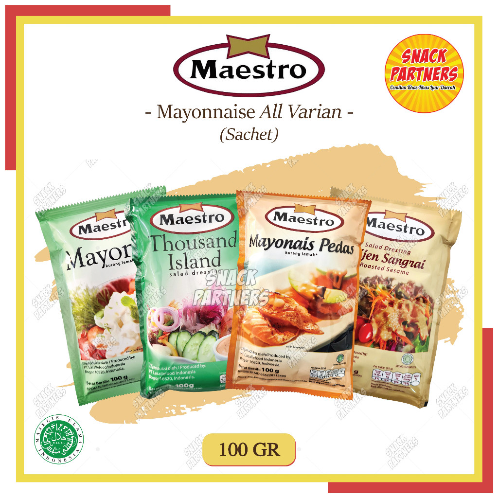 

MAESTRO Mayonnaise Sachet 100 GR - Saos Saus Mayonaise Mayones Pedas Hot Thousand Island Wijen Sangrai Salad