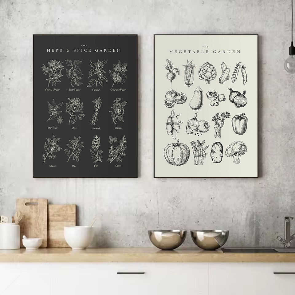 

Minimalist Vegetable Herb and Spice Kitchen Food Sketch Botanical Illustration Poster Canvas Painting Wall Pictures Home Decor