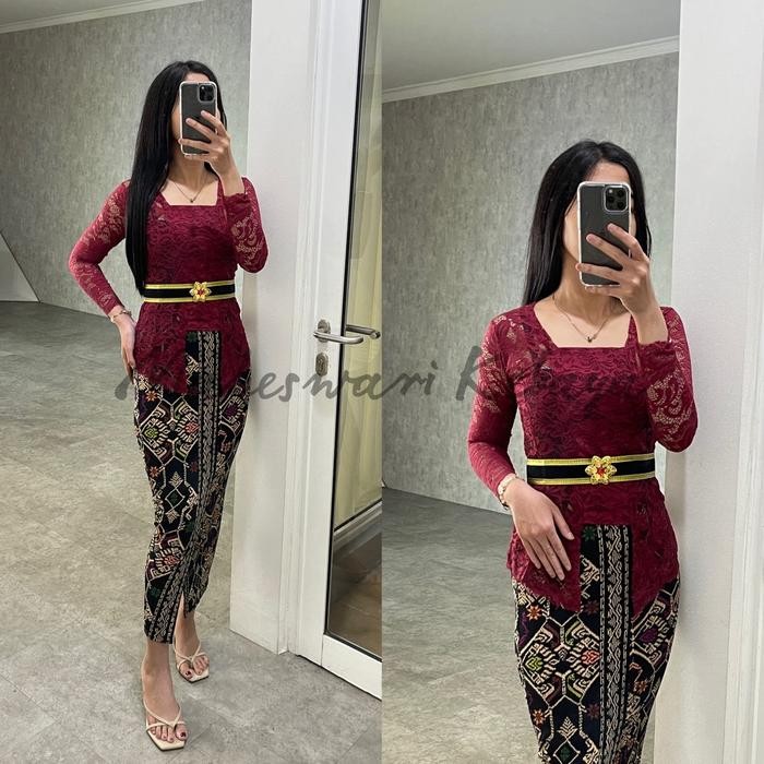 

Kebaya Bali Set Kutubaru Brukat Lengan Panjang Maron Rok Lycra - Set, S