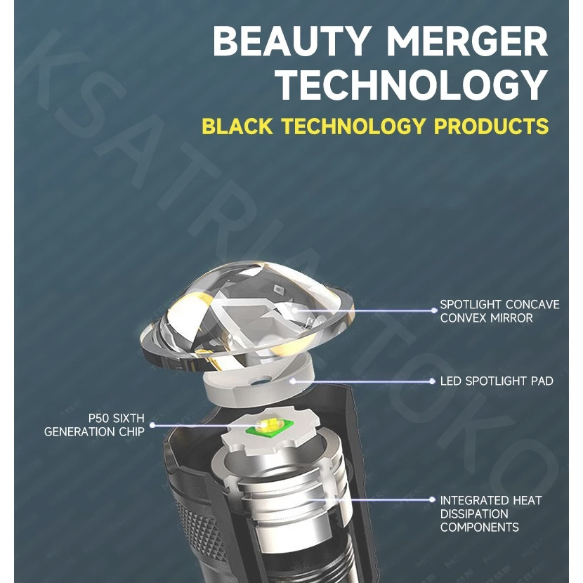 P50 Zoom Senter Led Super Terang 10000 Lumens Usb Rechargeable Senter Kepala Super Terang Lampu