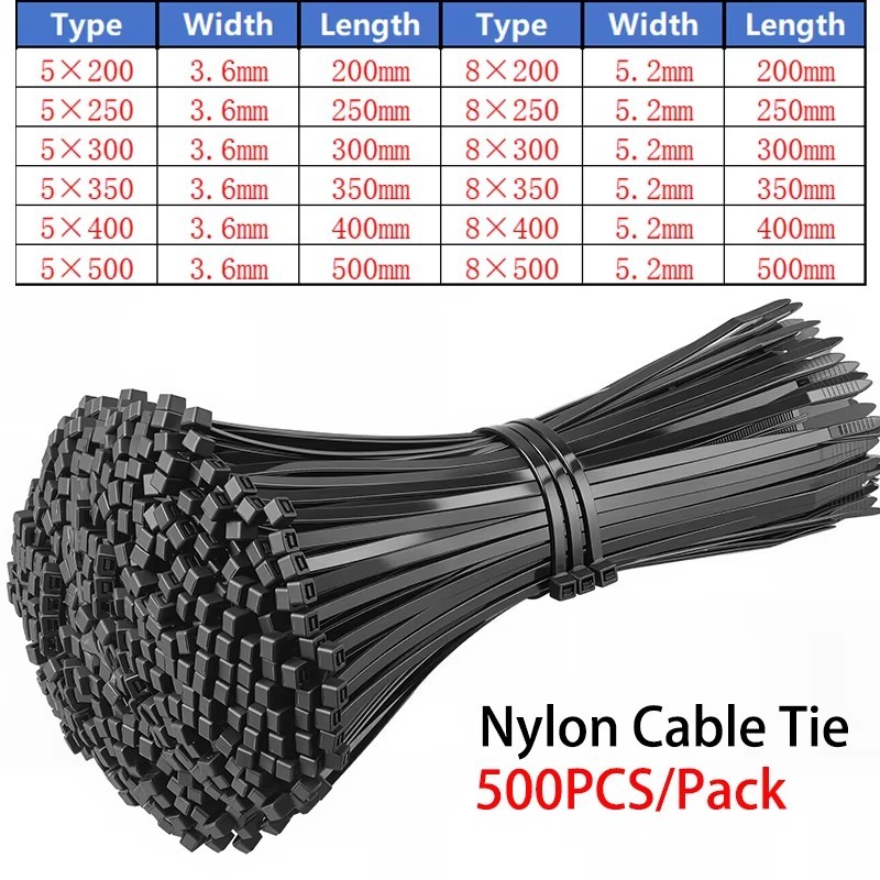 

500Pcs Self-locking Black Nylon Cable Ties 5x300mm/8x200mm/5x400mm Heavy Duty Zip Wraps for Wire Management & DIY Projects