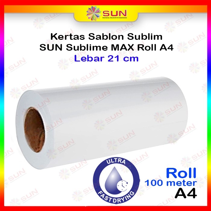 

Kertas Roll Sublime Paper A4 ( 21 cm ) /A3+ ( 33,5 cm ) / A3 (30 cm) / A2 ( 61 cm ) 110 Gram - SUN Colourlife Sublime ( Kertas Sablon Sublim Transfer paper dengan tinta sublim untuk Mesin Press Kaos, Mug, Lanyard, Jersey )