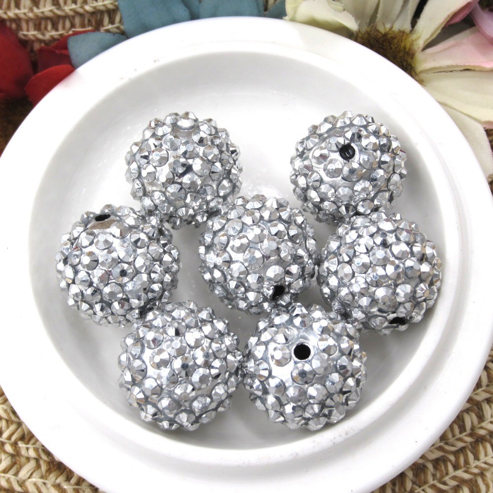 

50PCS 20MM Silver Color Resin Rhinestone Bead High Quality Bling Bling DIY Handmade Beads With Hole Baby Jewelry Findings