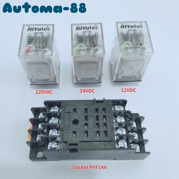 Aauto Relay HIYUTEC MY4N AC 220V DC 12V 24V Soket rilay Socket PYF14A kaki 14 pin relai coil 220vac 