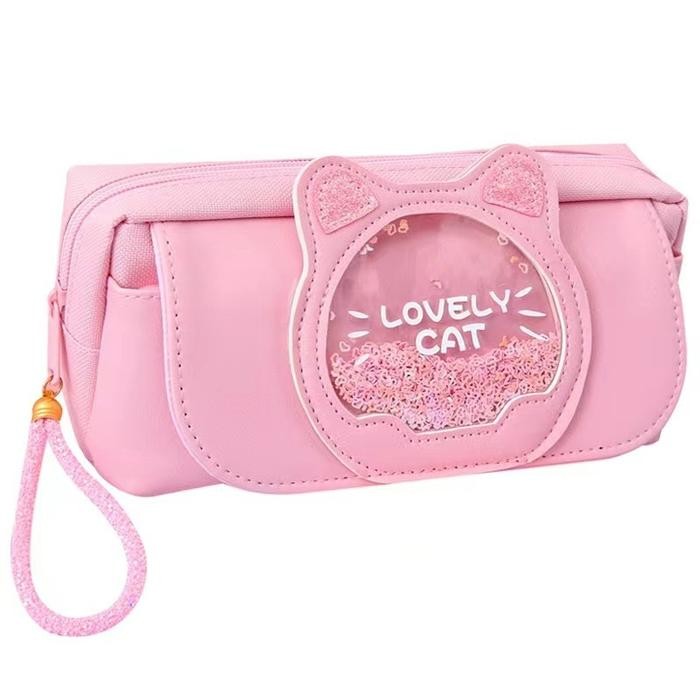 

BEST- [Kuyamol] Tempat Pensil Cute Kotak tempat pensil case resleting anak glitter cat kucing lucu 3 slot - Pink